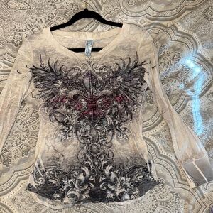 White Burn Out  Embellished Fleur-de-Lis Long Sleeve Top